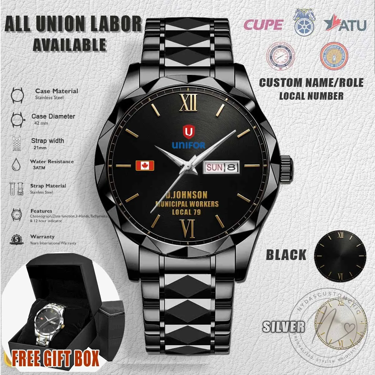 Unifor Canadian Municipal Workers Stainless Steel Custom Name Watch 2 Unifor Canadian Municipal Workers Stainless Steel Custom Name Watch