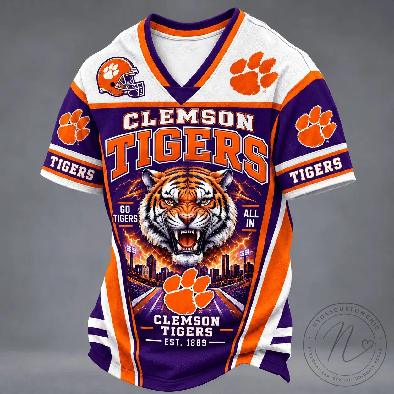 Clemson Tigers Football Team Mascot Spirit V-Neck Short Sleeve T-Shirt