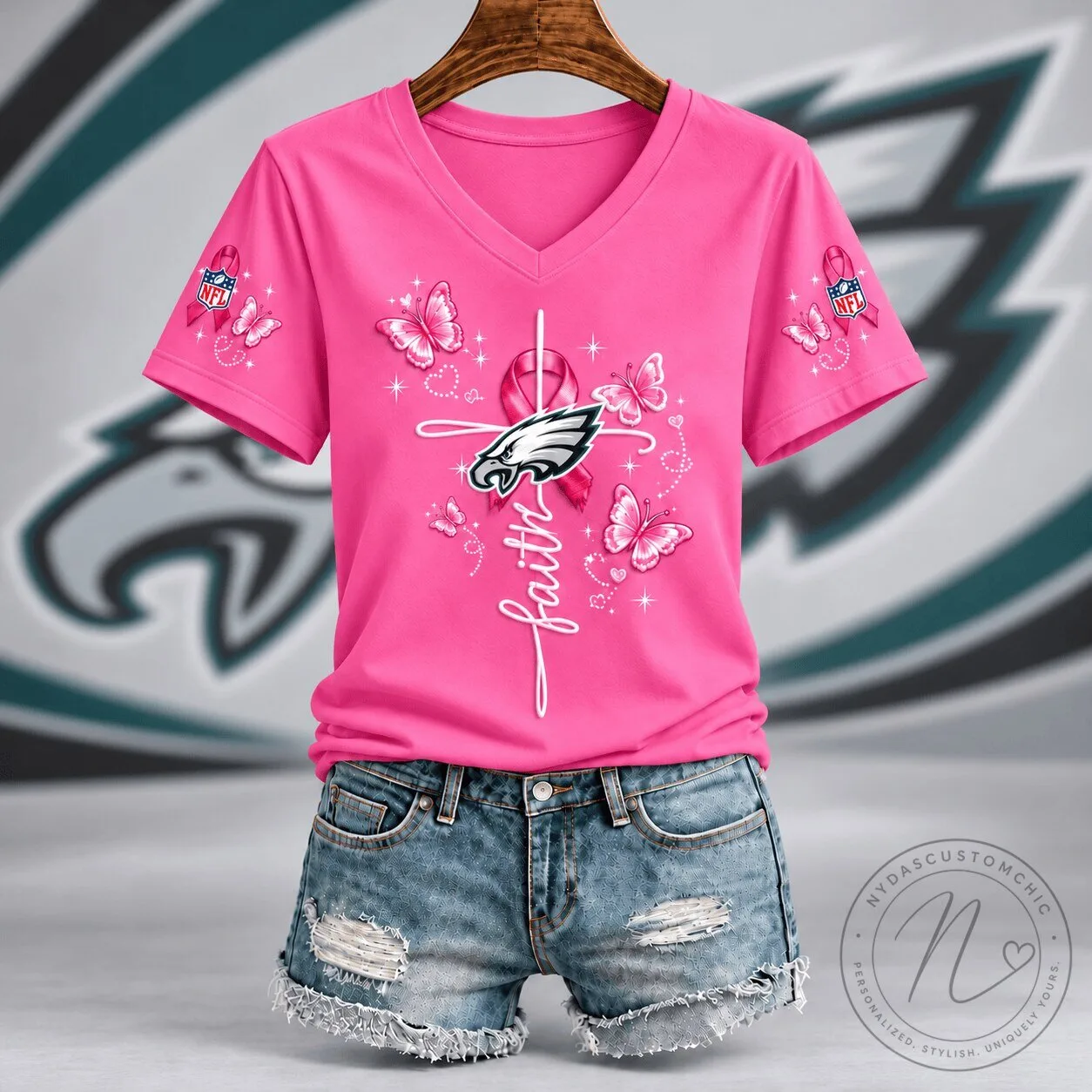 Philadelphia Eagles Breast Cancer Awareness Faith Hope Love Pink V-Neck T-Shirt 2 Philadelphia Eagles Breast Cancer Awareness Faith Hope Love Pink V-Neck T-Shirt
