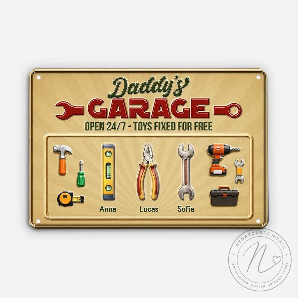 Personalized Daddy's Garage Open 24/7 Toys Fixed For Free Metal Sign