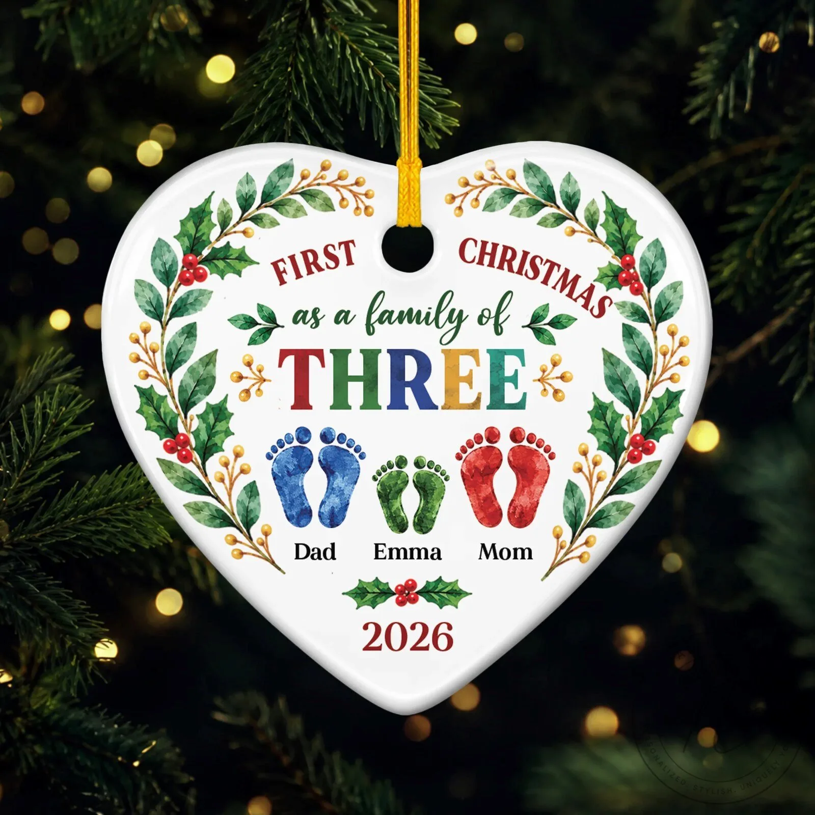 First Christmas As A Family Of Three Personalized Heart Shaped Ceramic Ornament 6 First Christmas As A Family Of Three Personalized Heart Shaped Ceramic Ornament