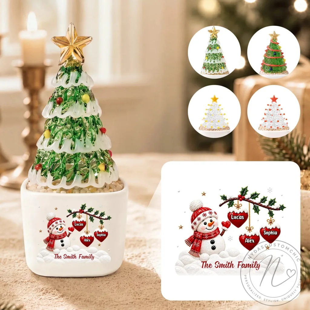 Personalized Snowman Family Christmas Tree Potted Glass Ornament Personalized Snowman Family Christmas Tree Potted Glass Ornament