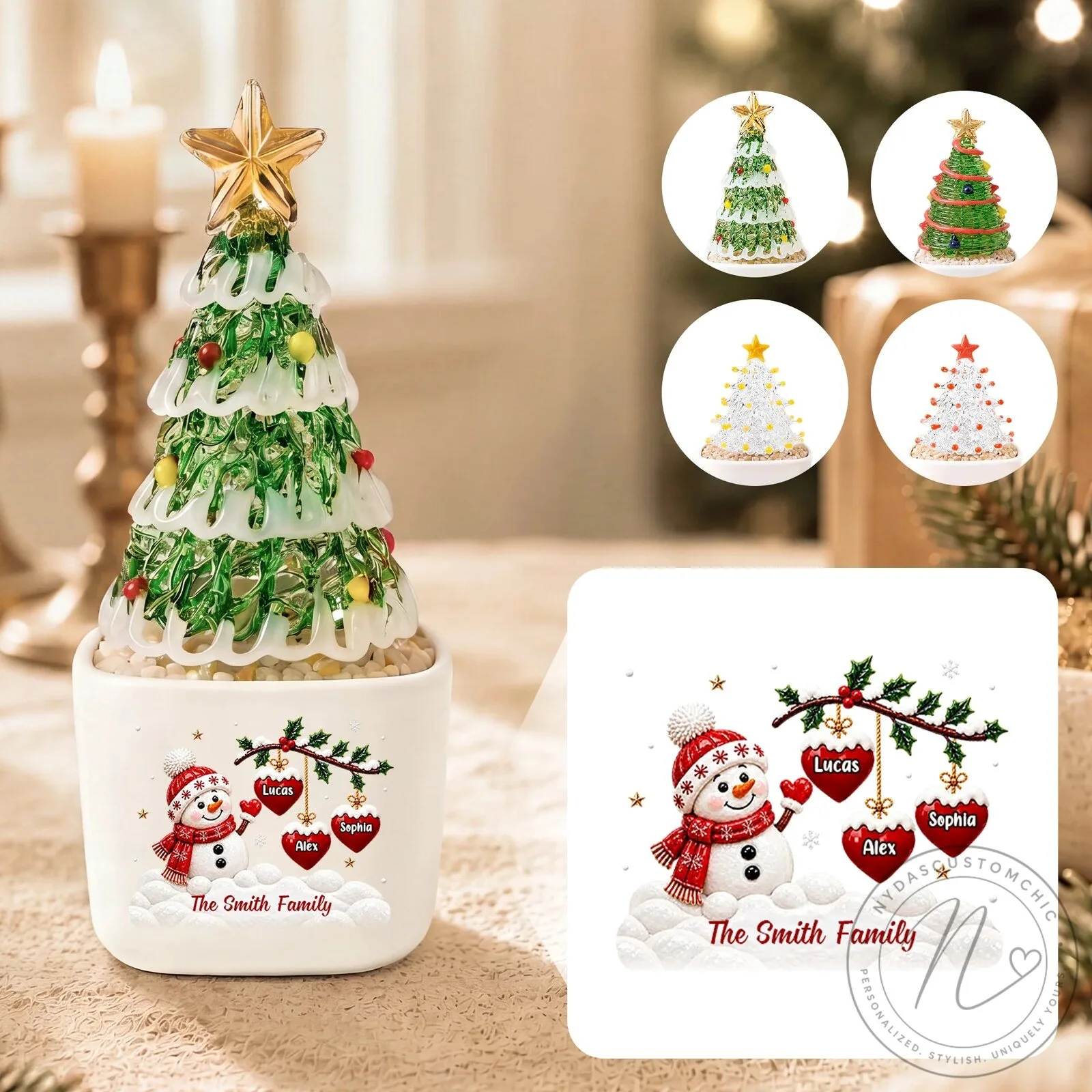 Personalized Snowman Family Christmas Tree Potted Glass Ornament