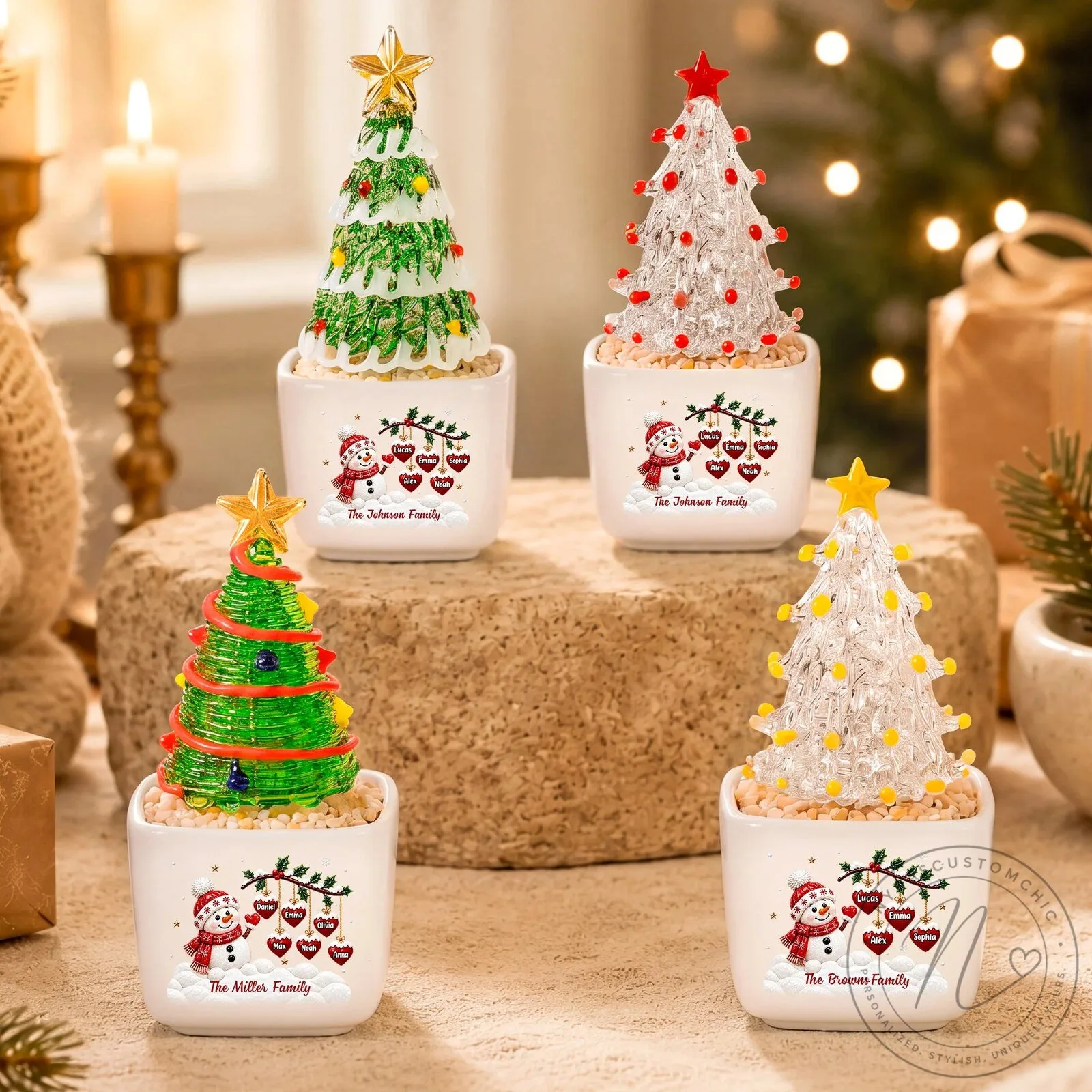 Personalized Snowman Family Christmas Tree Potted Glass Ornament 10 Personalized Snowman Family Christmas Tree Potted Glass Ornament