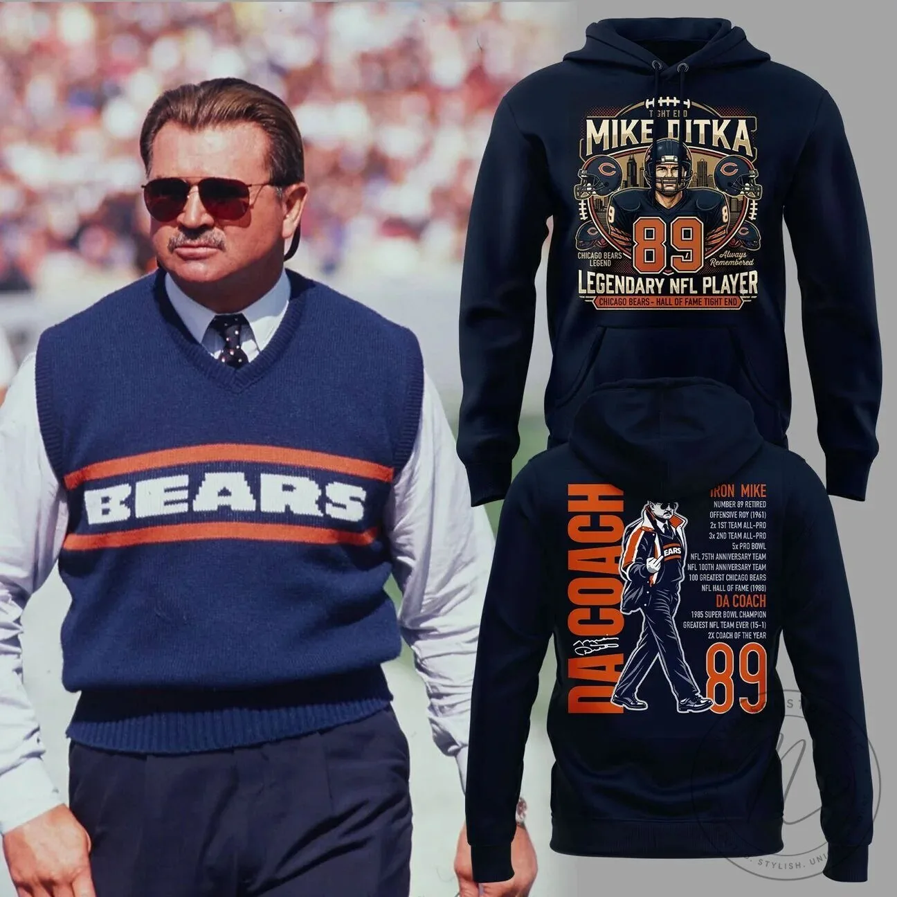 Legendary NFL Player Hoodie featuring Mike Ditka of the Chicago Bears
