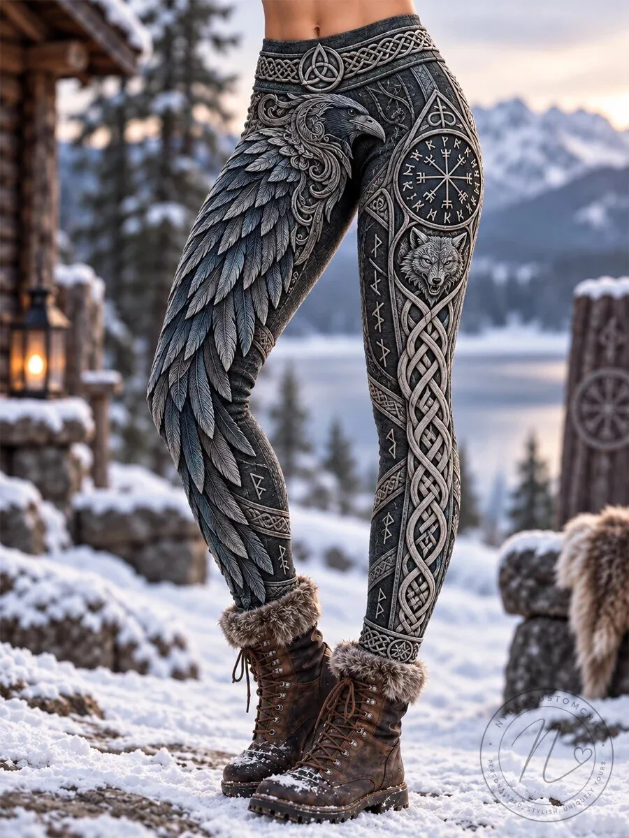 Viking Art Women's Velvet Leggings with Raven and Wolf Design