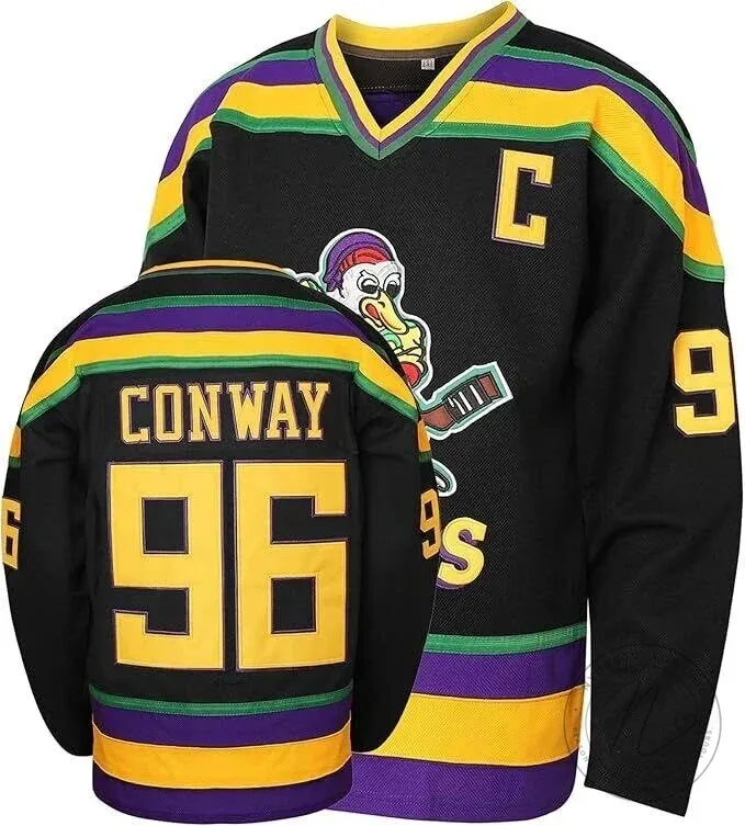 Mighty Ducks Movie Conway Number 96 Black Gold Purple Hockey Jersey