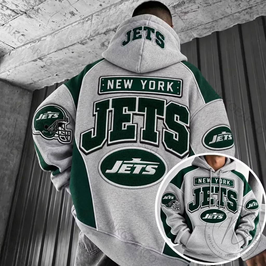 New York Jets Football Team Green and Gray Embroidered Hoodie for Men New York Jets Football Team Green and Gray Embroidered Hoodie for Men