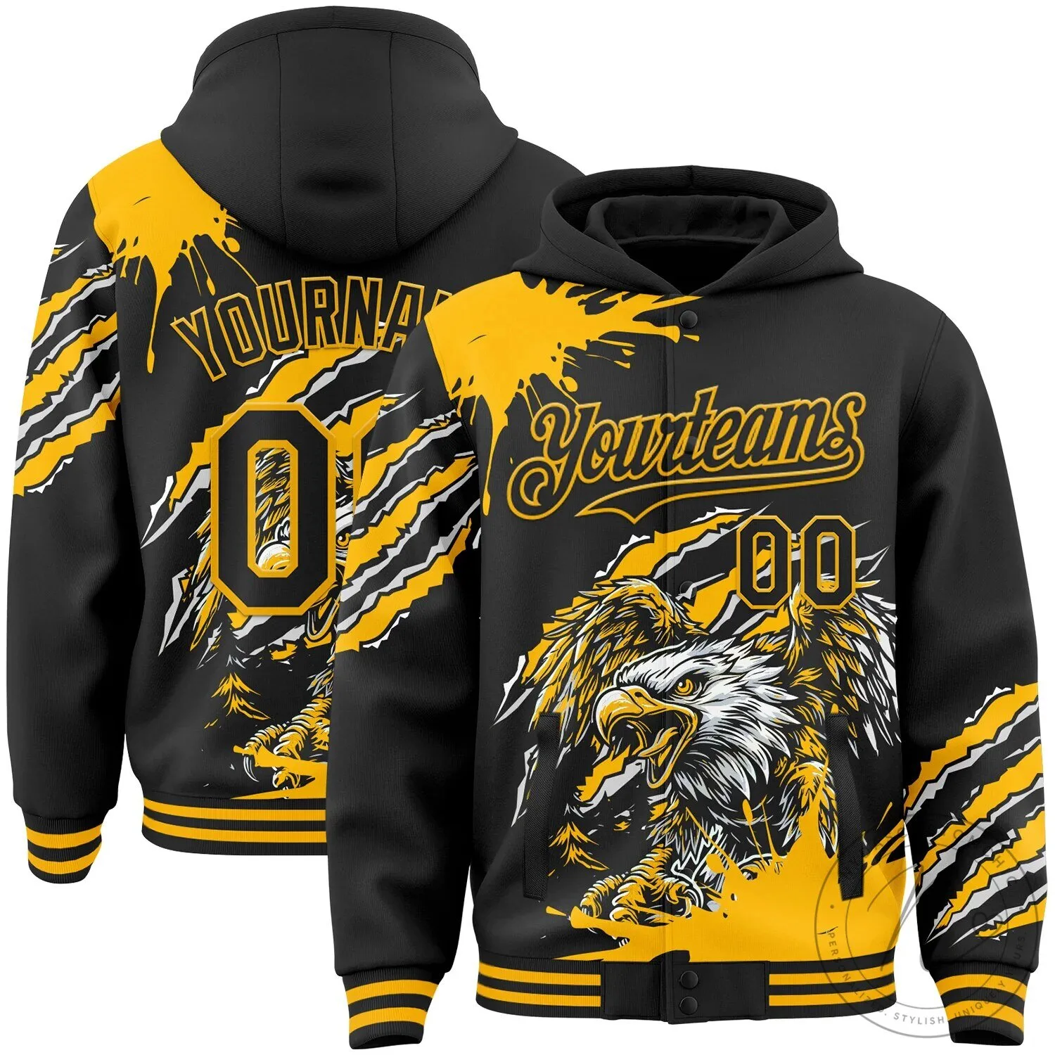 Black and Gold Eagle Claw Scratch Splatter Bomber Full-Snap Varsity Hoodie Jacket