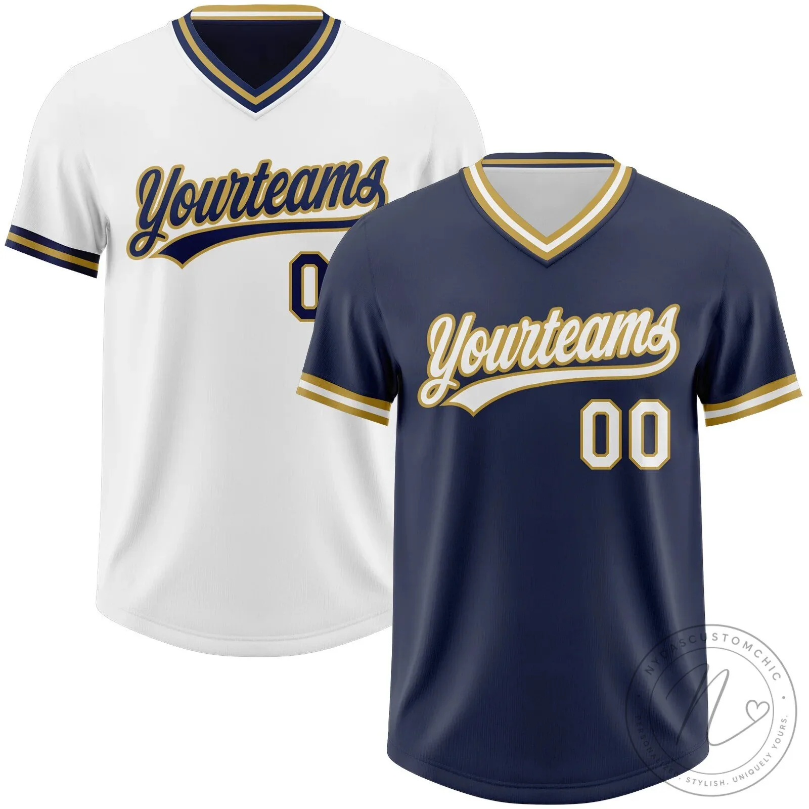 Custom Navy Blue White Gold Reversible V-Neck Baseball Jersey Shirt 12 Custom Navy Blue White Gold Reversible V-Neck Baseball Jersey Shirt