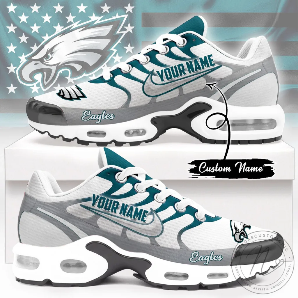 Philadelphia Eagles Custom Name NFL Team Logo White and Teal Air Max Shoes Philadelphia Eagles Custom Name NFL Team Logo White and Teal Air Max Shoes