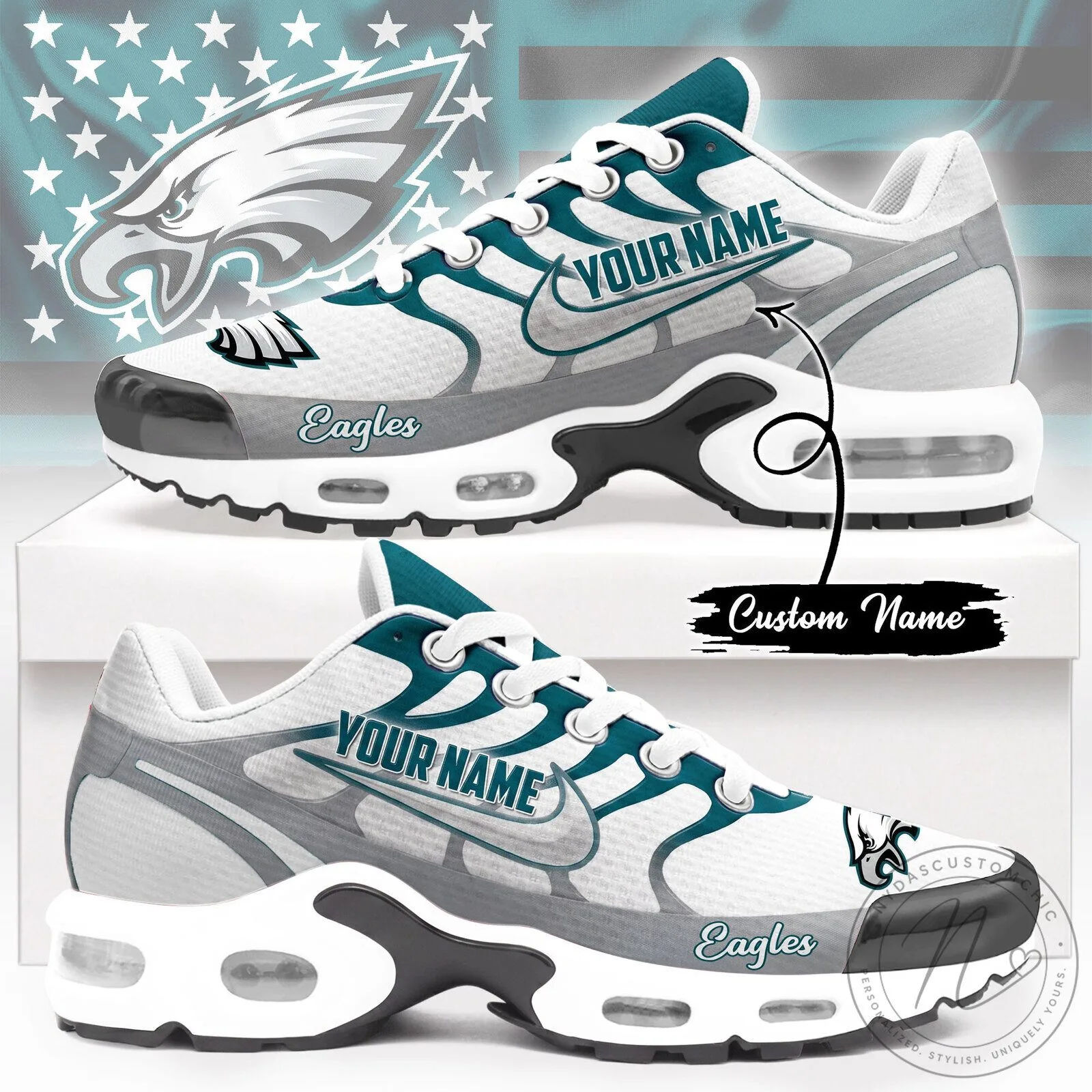 Philadelphia Eagles Custom Name NFL Team Logo White and Teal Air Max Shoes