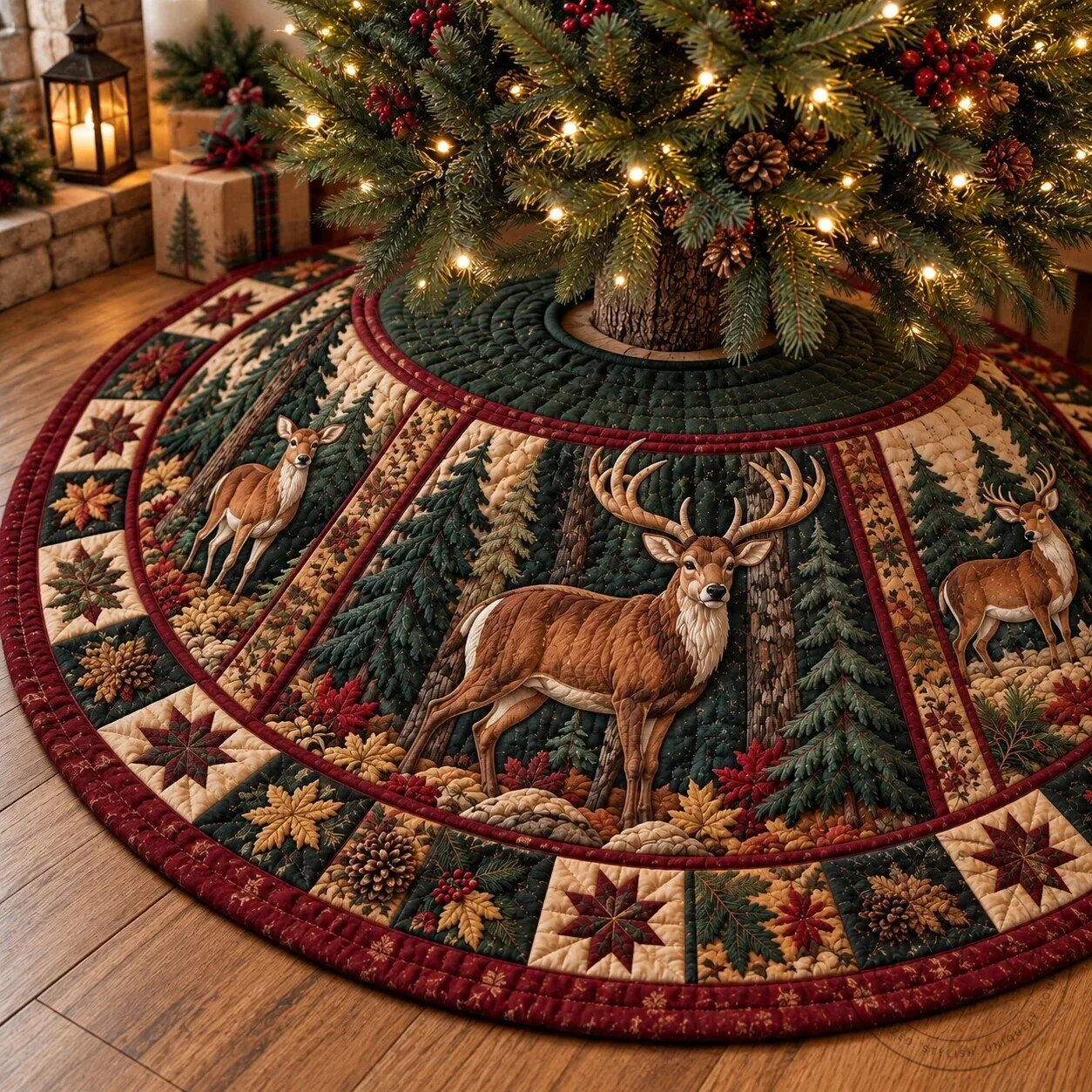 Rustic Deer Wilderness Quilted Christmas Tree Skirt