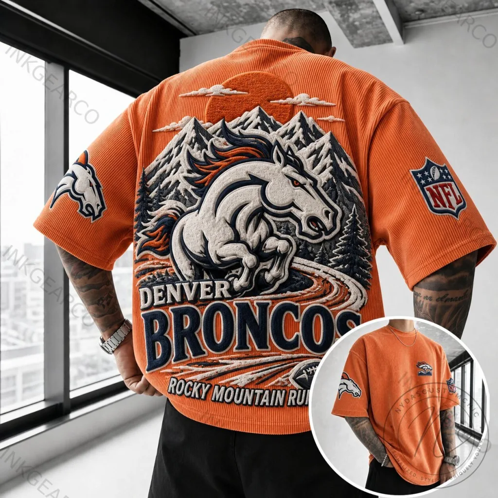 Denver Broncos Rocky Mountain Run Embroidered Corduroy Short-Sleeve T-Shirt Denver Broncos Rocky Mountain Run Embroidered Corduroy Short-Sleeve T-Shirt