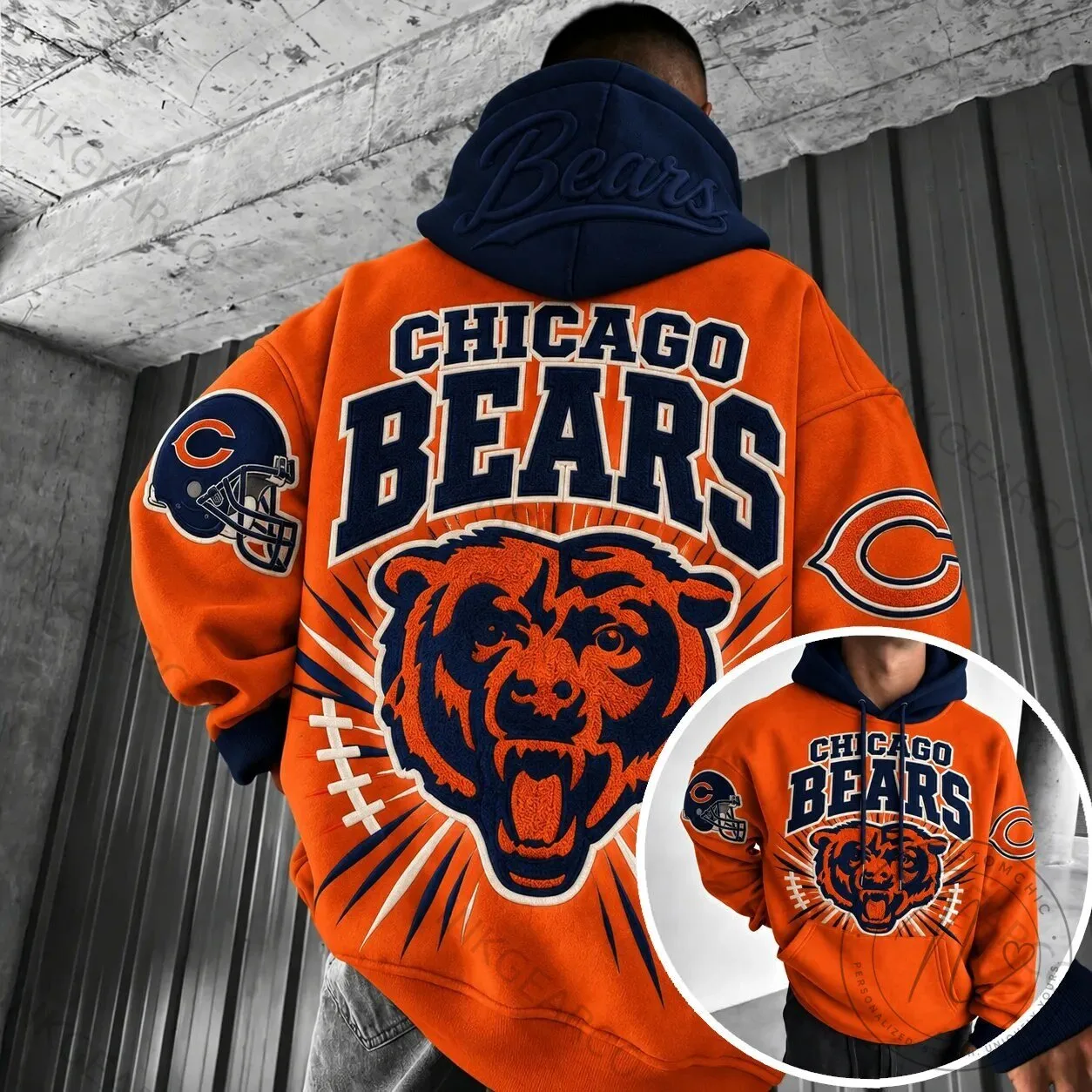 Navy and Orange Hoodie Featuring the Chicago Bears NFL Team Logo 1 Navy and Orange Hoodie Featuring the Chicago Bears NFL Team Logo
