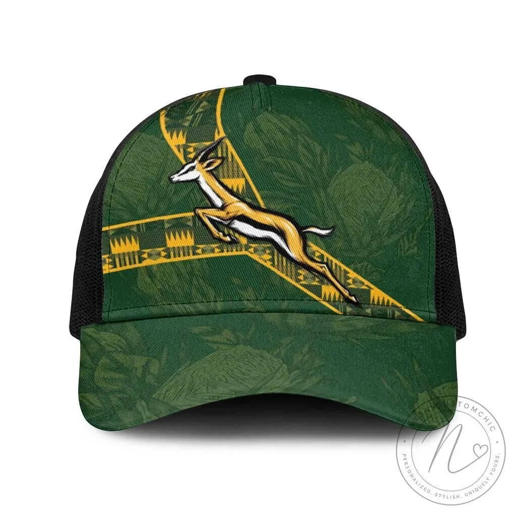 South Africa Rugby Springbok Emblem Green Protea Pattern Trucker Cap Hat