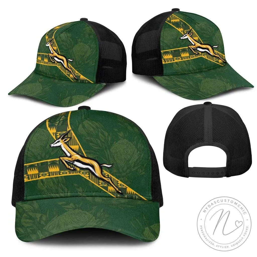 South Africa Rugby Springbok Emblem Green Protea Pattern Trucker Cap Hat 12 South Africa Rugby Springbok Emblem Green Protea Pattern Trucker Cap Hat