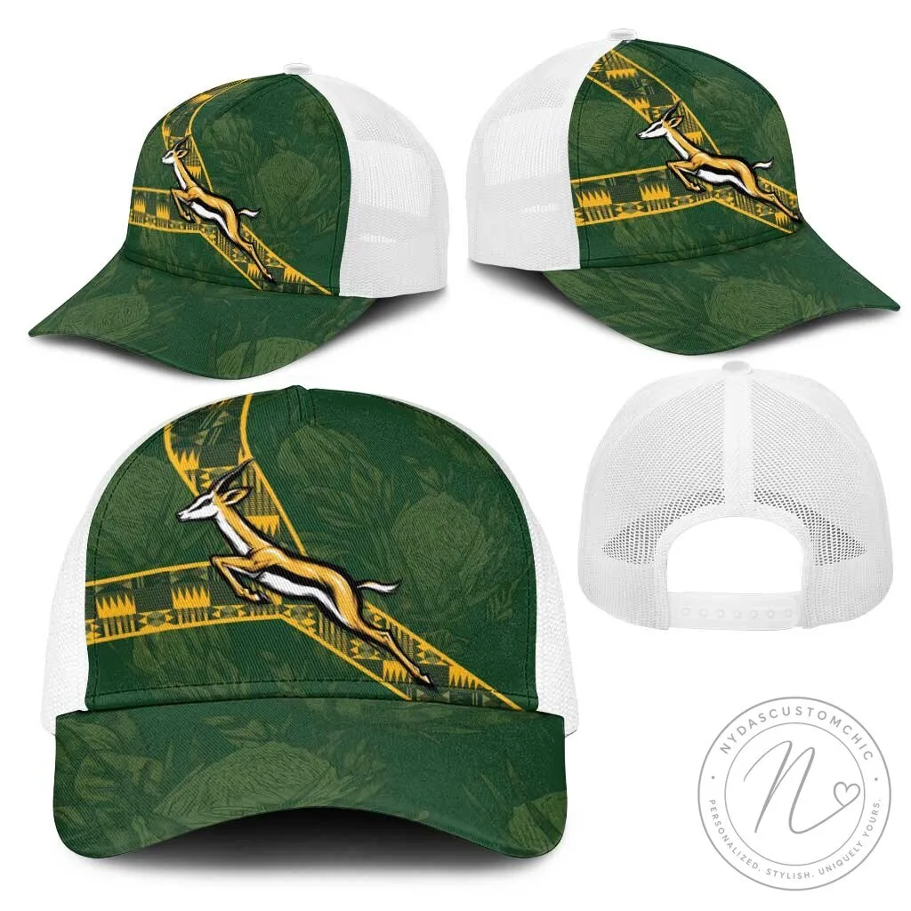 South Africa Rugby Springbok Emblem Green Protea Pattern Trucker Cap Hat 13 South Africa Rugby Springbok Emblem Green Protea Pattern Trucker Cap Hat