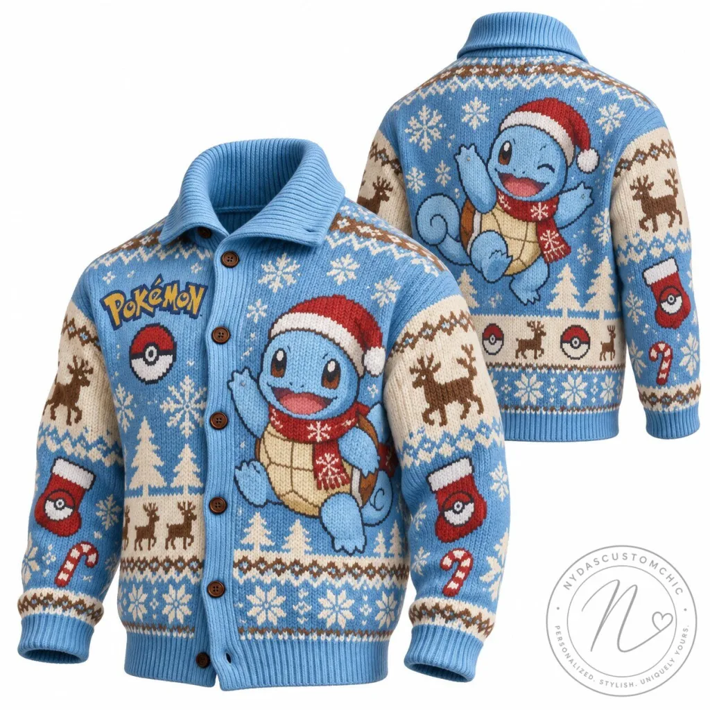 Pokemon Squirtle Christmas Holiday Knitted Cardigan Sweater for Adults Pokemon Squirtle Christmas Holiday Knitted Cardigan Sweater for Adults
