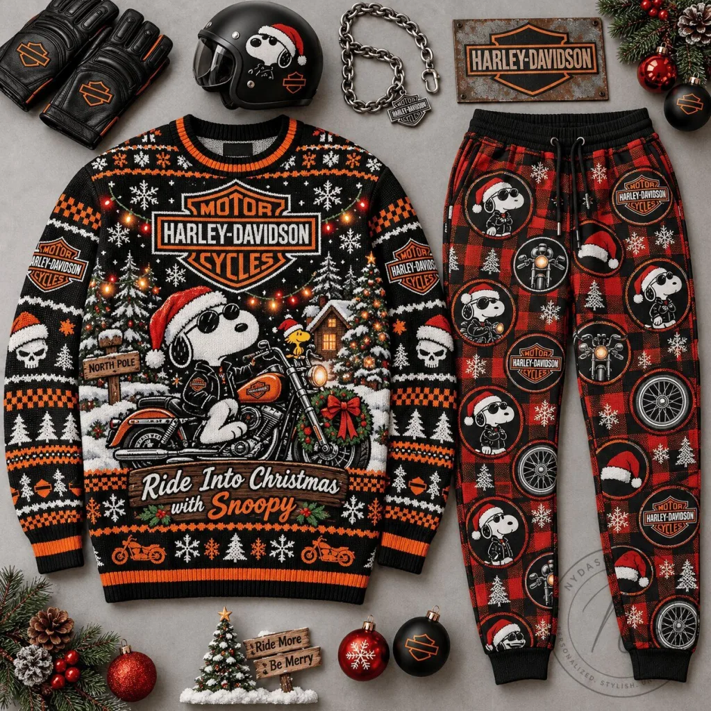 Harley-Davidson Snoopy Ride Into Christmas Holiday Ugly Sweater and Joggers Set Harley-Davidson Snoopy Ride Into Christmas Holiday Ugly Sweater and Joggers Set