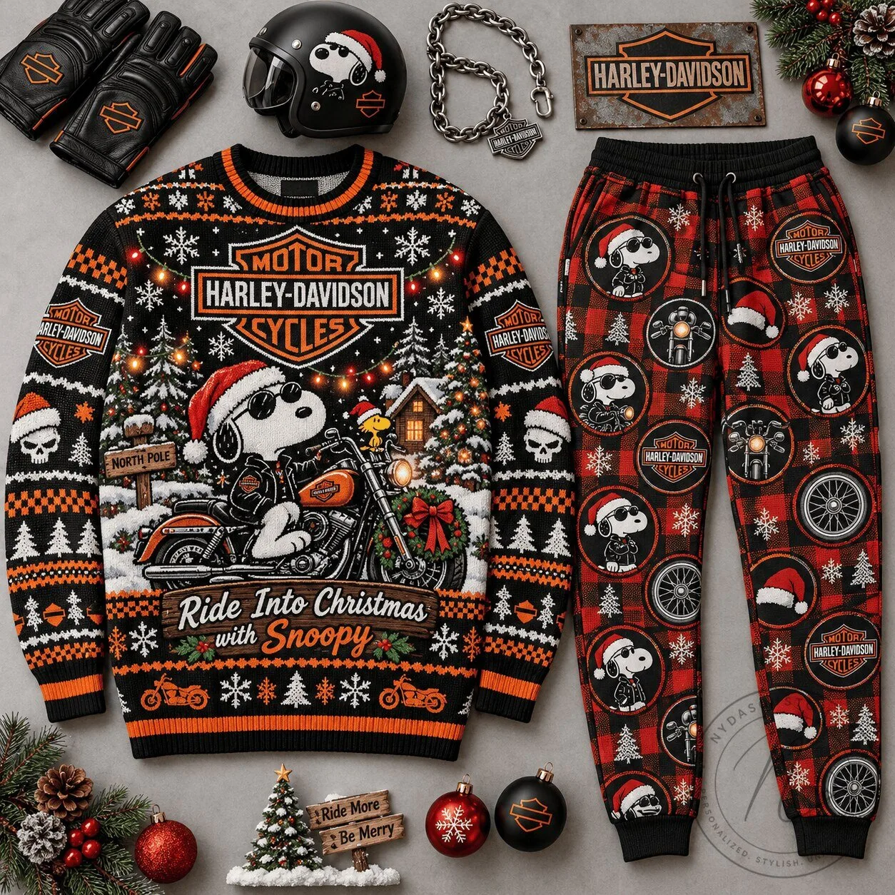 Harley-Davidson Snoopy Ride Into Christmas Holiday Ugly Sweater and Joggers Set