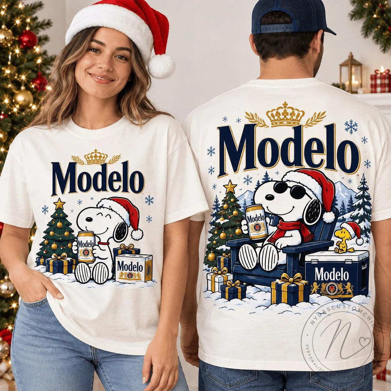 Modelo Beer Snoopy Christmas Holiday Winter White Graphic T-Shirt 1 Modelo Beer Snoopy Christmas Holiday Winter White Graphic T-Shirt