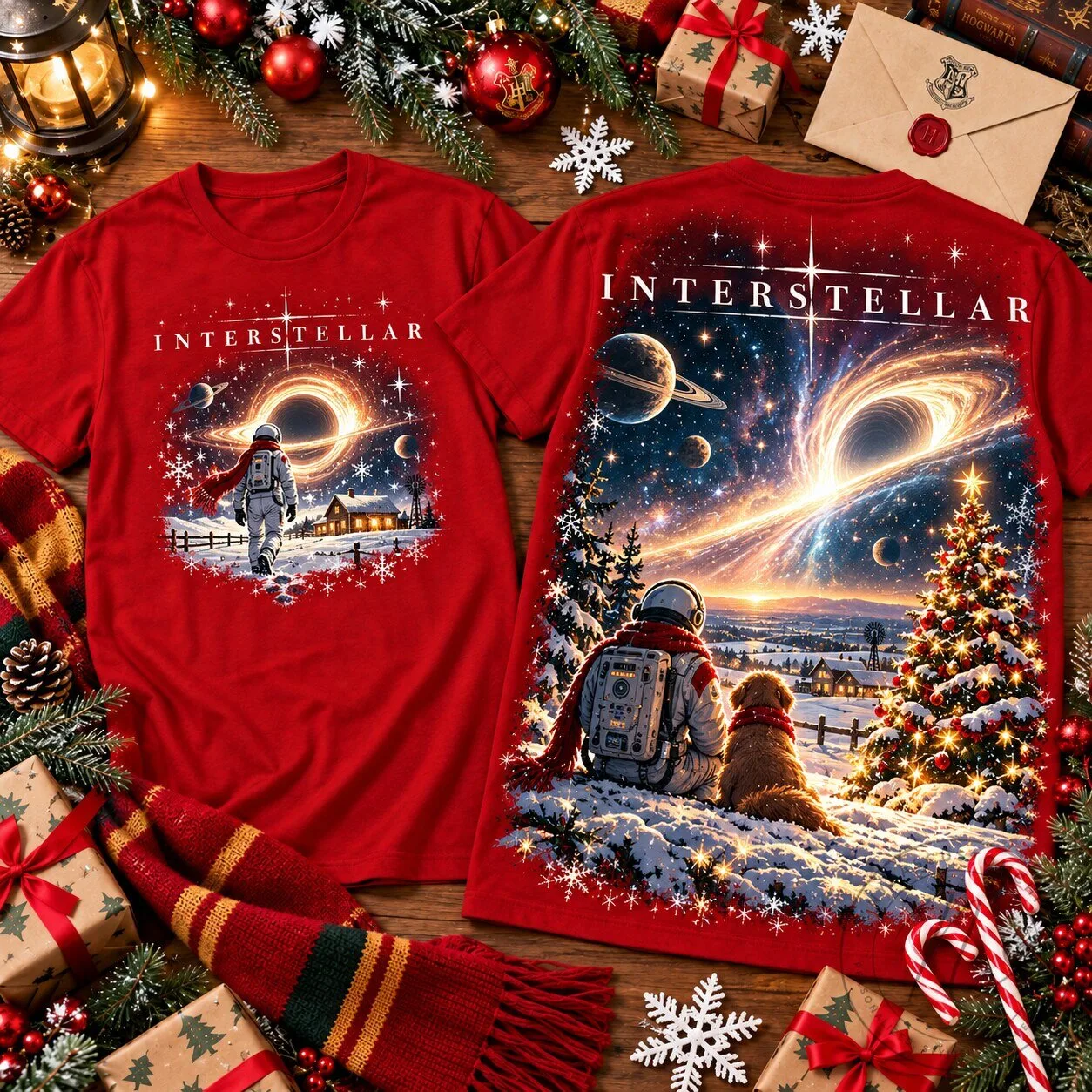 Interstellar Christmas Cosmic Journey Astronaut and Dog Winter Scene T-Shirt 2 Interstellar Christmas Cosmic Journey Astronaut and Dog Winter Scene T-Shirt