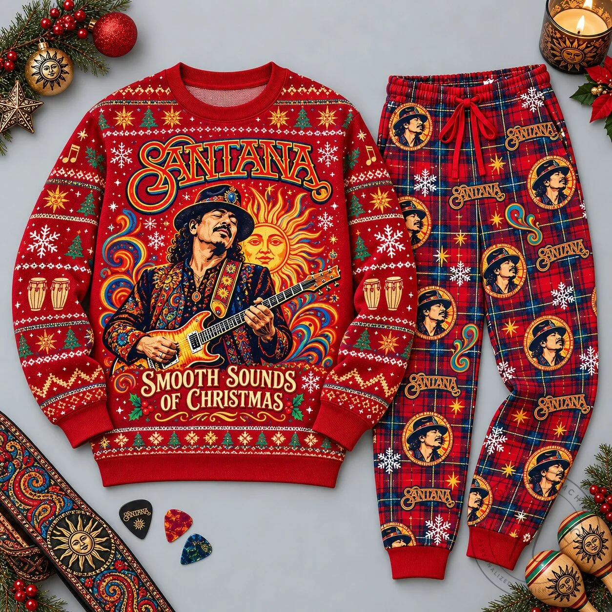 Santana Smooth Sounds of Christmas Festive Red Sweater and Plaid Pajama Pants Set 1 Santana Smooth Sounds of Christmas Festive Red Sweater and Plaid Pajama Pants Set