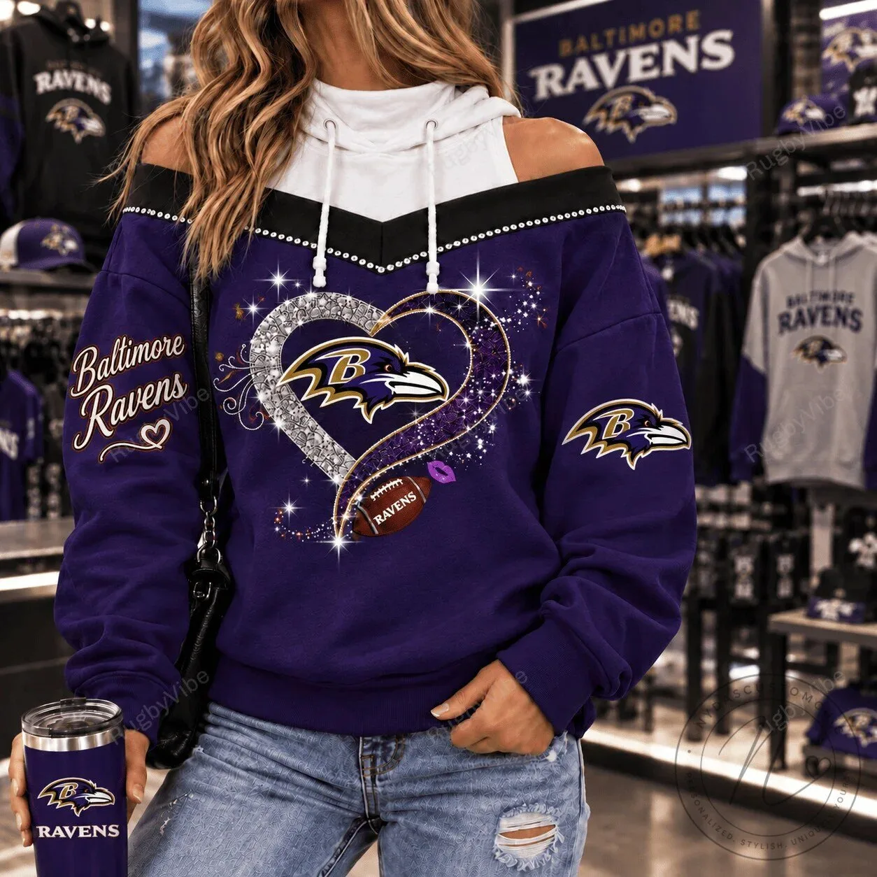 Baltimore Ravens Glitter Heart Football Women's Off-Shoulder Hoodie 1 Baltimore Ravens Glitter Heart Football Women's Off-Shoulder Hoodie