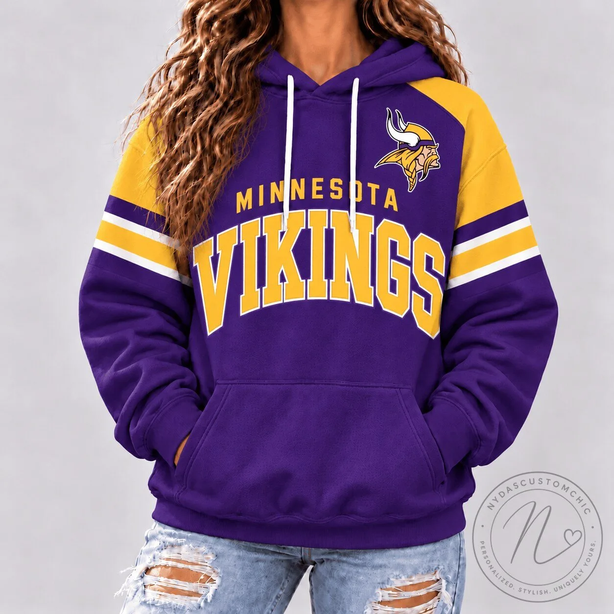Minnesota Vikings NFL Retro Varsity Stripe Purple and Gold Hoodie 2 Minnesota Vikings NFL Retro Varsity Stripe Purple and Gold Hoodie