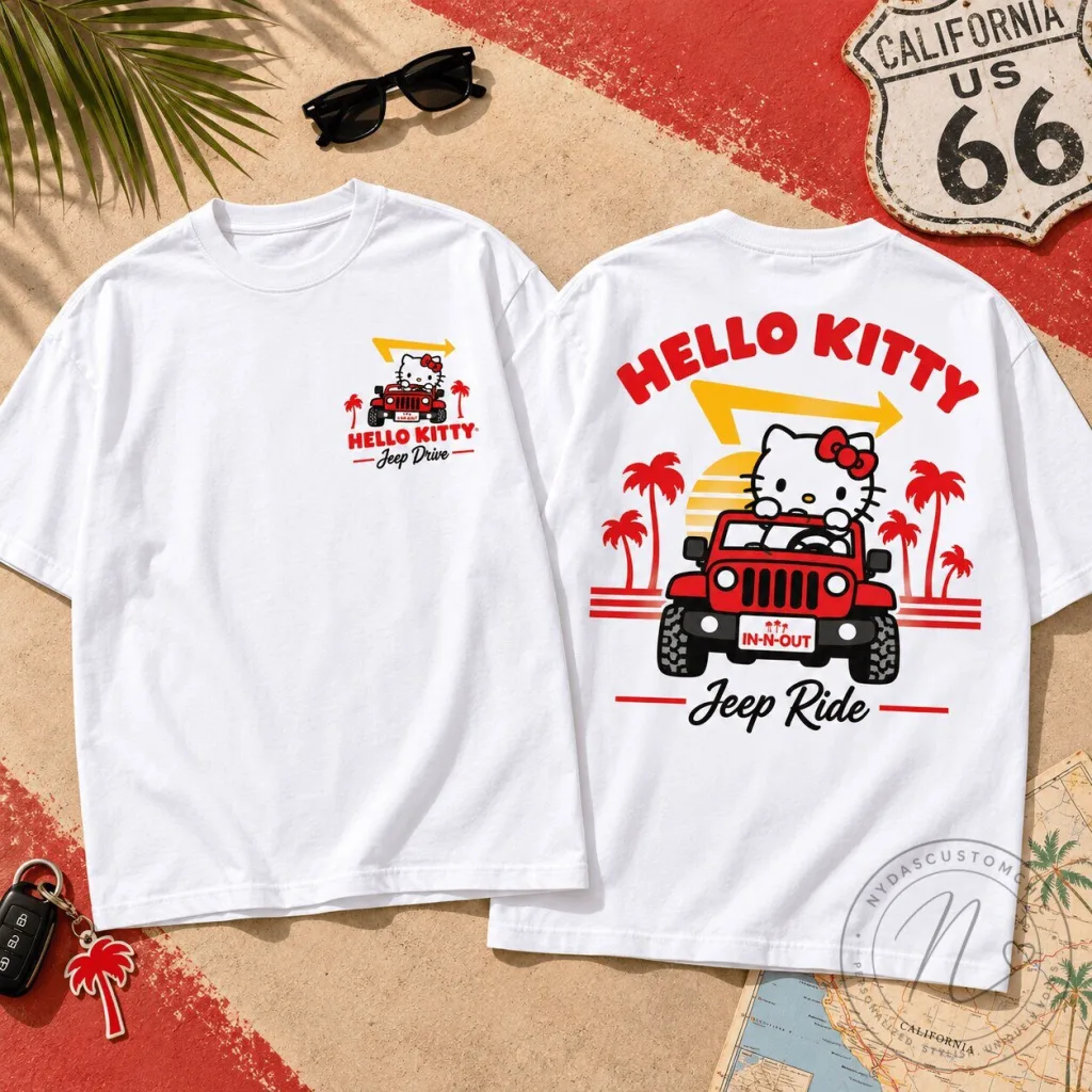 Hello Kitty In-N-Out Burger Jeep Ride White Graphic T-Shirt Hello Kitty In-N-Out Burger Jeep Ride White Graphic T-Shirt
