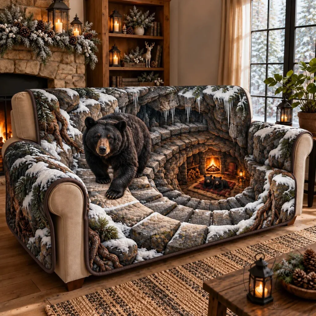Winter Bear Cave Quilted Sofa Cover with Snow and Icicles 12 Winter Bear Cave Quilted Sofa Cover with Snow and Icicles