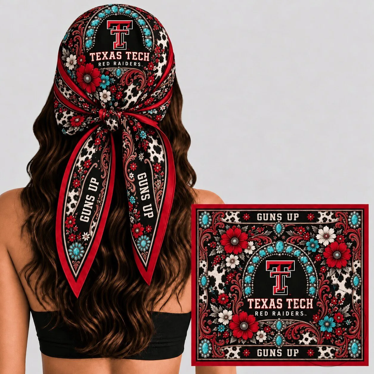 Texas Tech Red Raiders Western Boho Floral Cow Print Silk Bandana Scarf