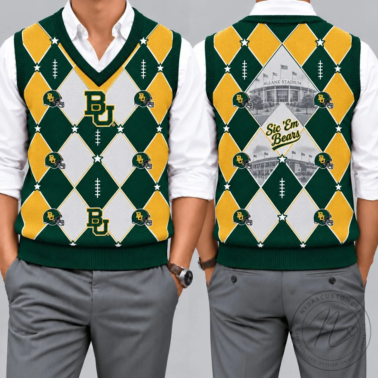 Baylor Bears Football Team Argyle Pattern V-Neck Sleeveless Knit Vest