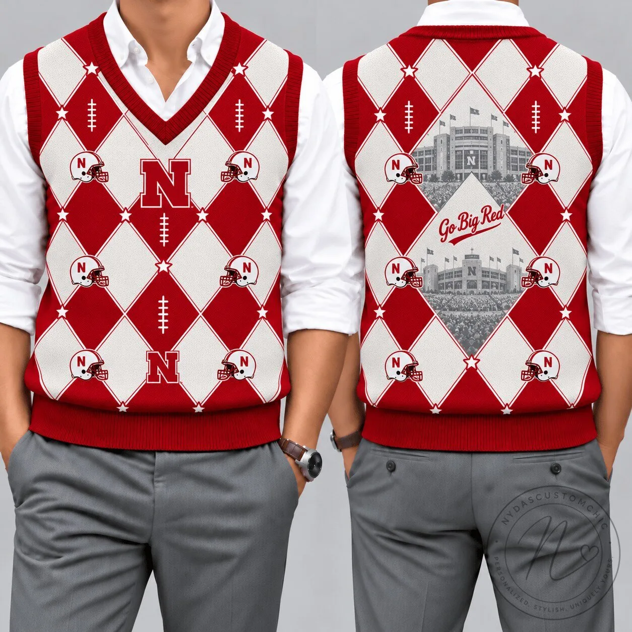 Nebraska Cornhuskers Football Team Argyle V-Neck Sleeveless Knit Vest