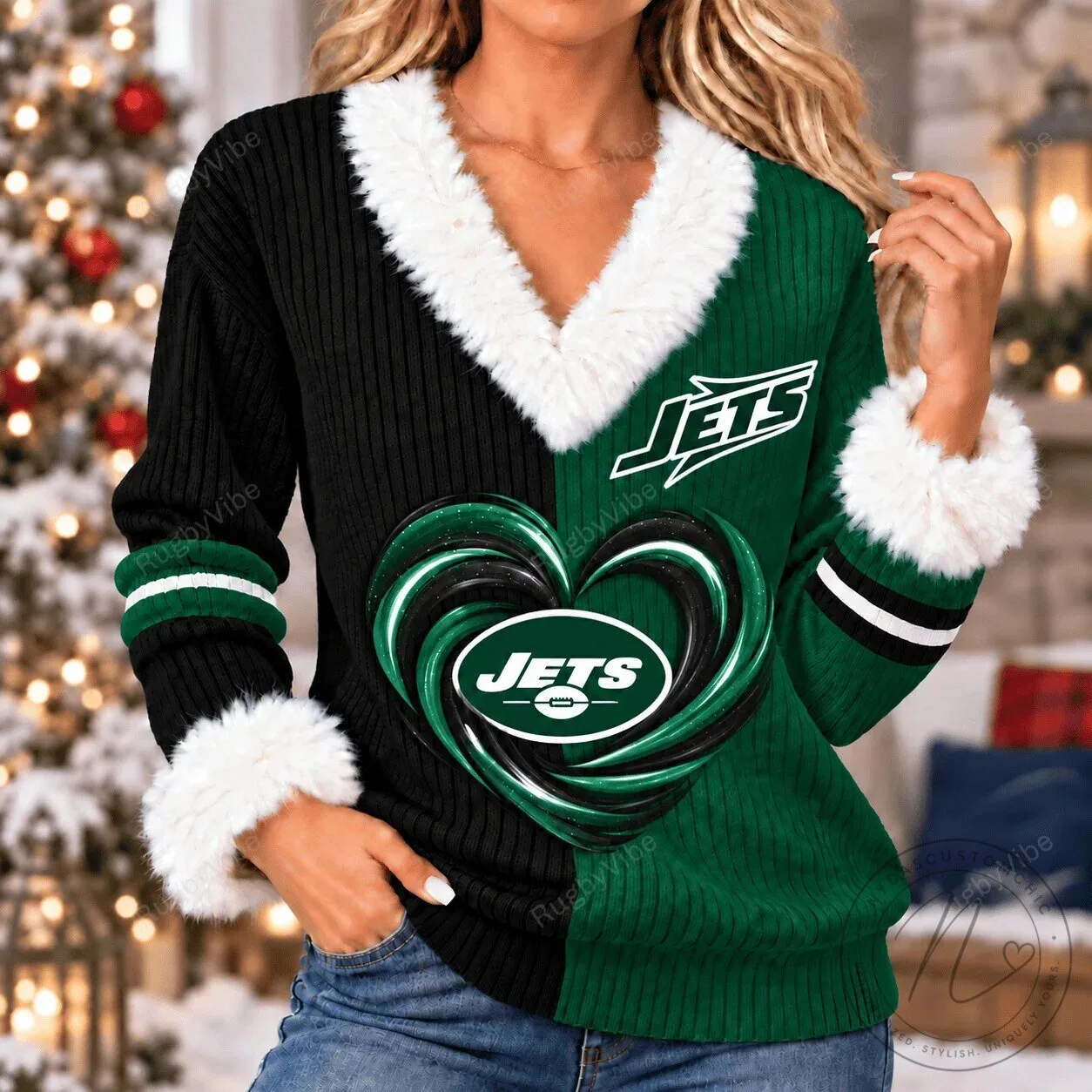 New York Jets Christmas Heart Logo Faux Fur Trim Knitted Sweater 2 New York Jets Christmas Heart Logo Faux Fur Trim Knitted Sweater