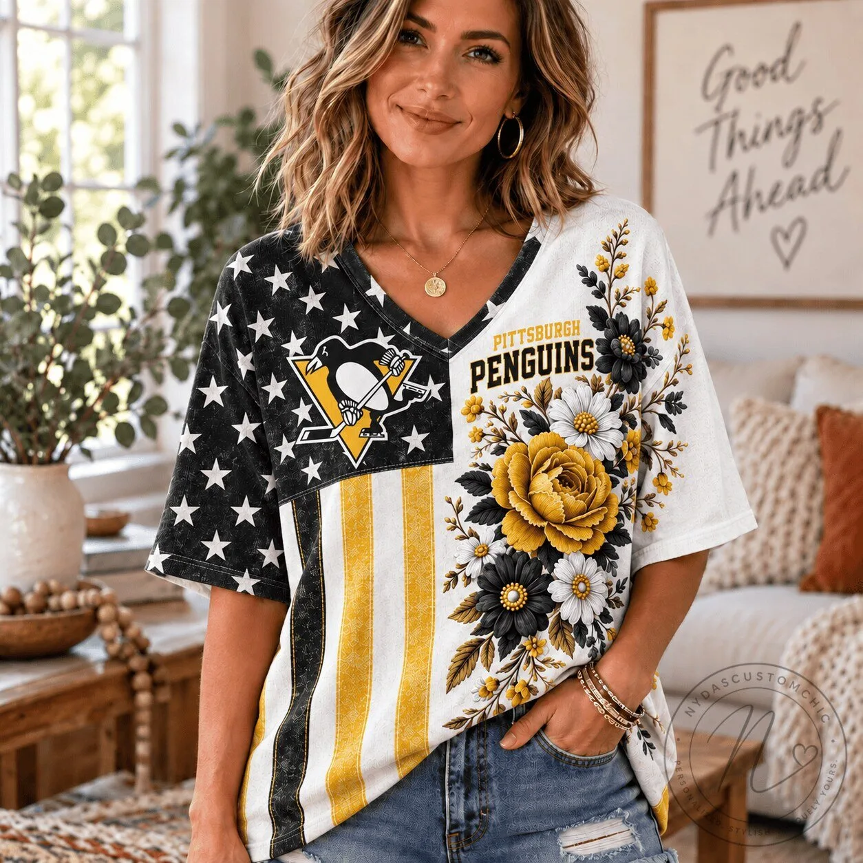 Pittsburgh Penguins NHL Fan Shirt for Women, Floral American Flag T-Shirt