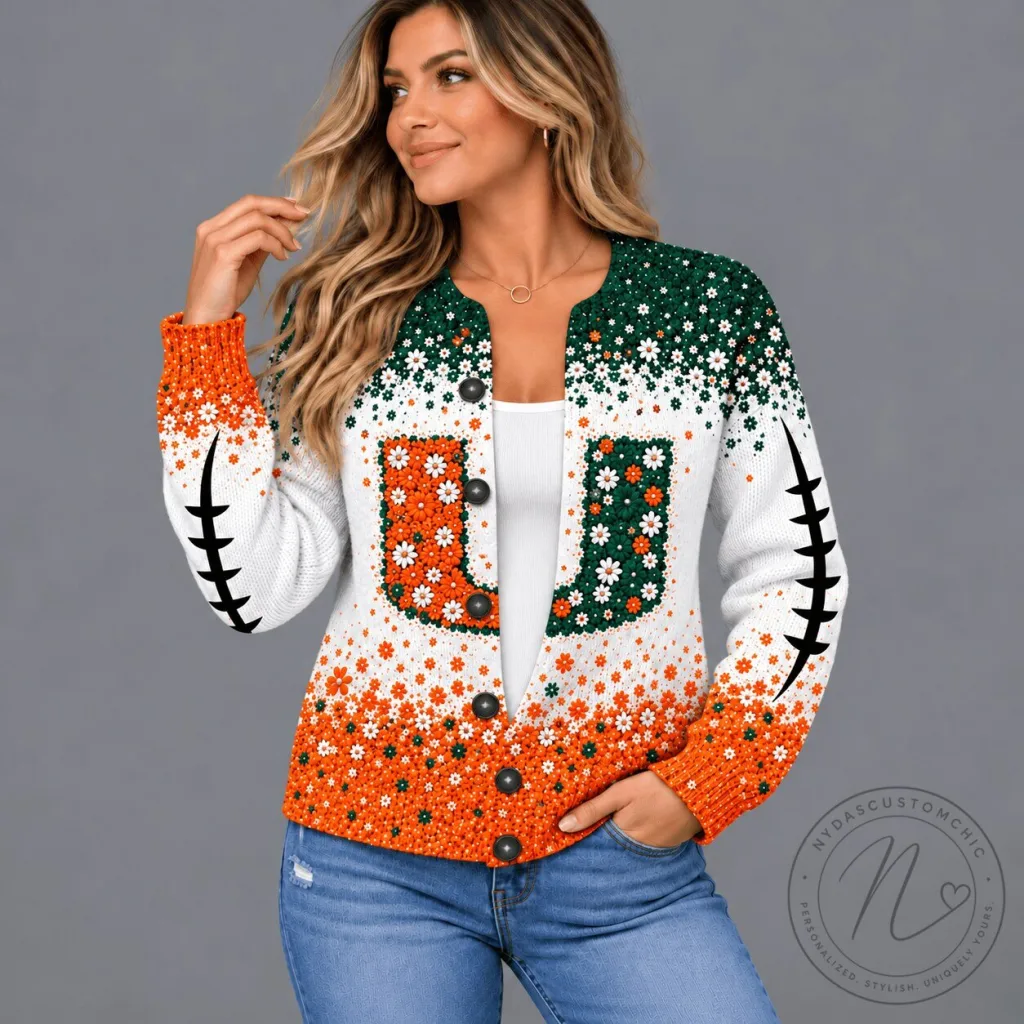 Miami Hurricanes Floral Heritage Football Pattern Cardigan Sweater for Women Miami Hurricanes Floral Heritage Football Pattern Cardigan Sweater for Women