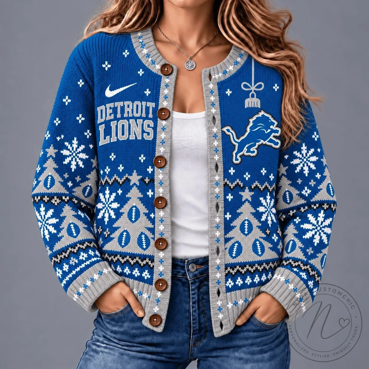 Detroit Lions Christmas Snowflake Pattern Blue Knitted Cardigan Sweater