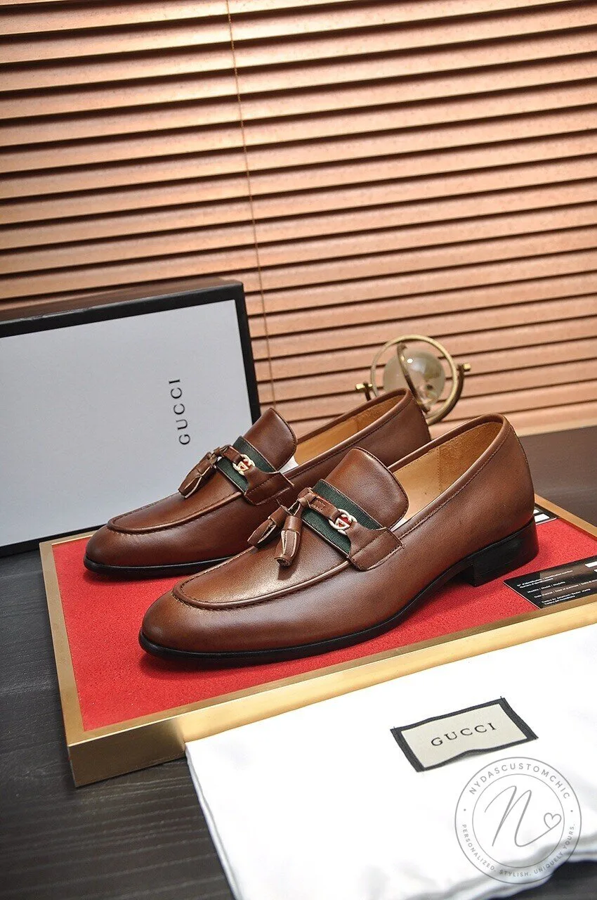 Gucci Brown Leather Tassel Loafers for Men Formal Slip-On Shoes 2 Gucci Brown Leather Tassel Loafers for Men Formal Slip-On Shoes