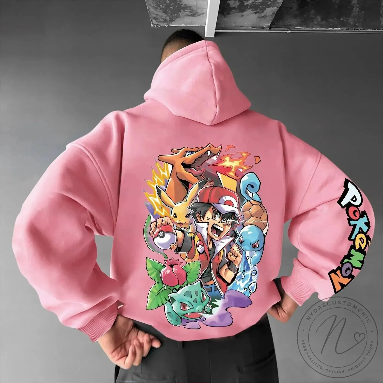 Pokemon Ash Pikachu Charmander Squirtle Bulbasaur Anime Cartoon Pink Hoodie
