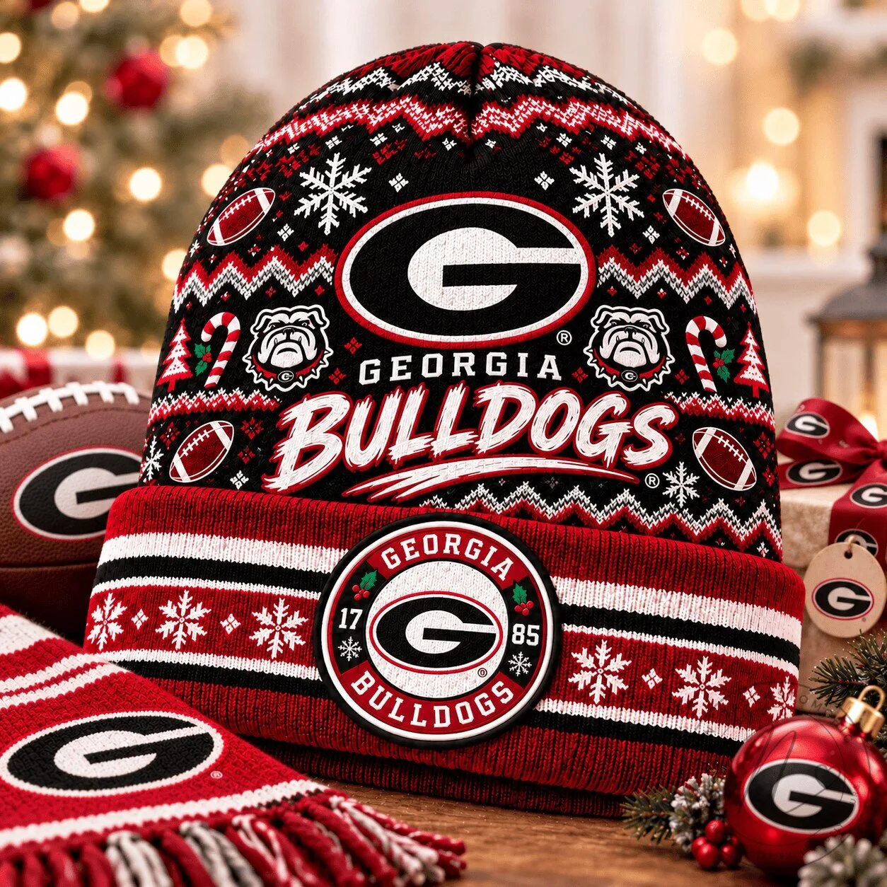 Georgia Bulldogs Christmas Ugly Sweater Pattern Beanie Hat