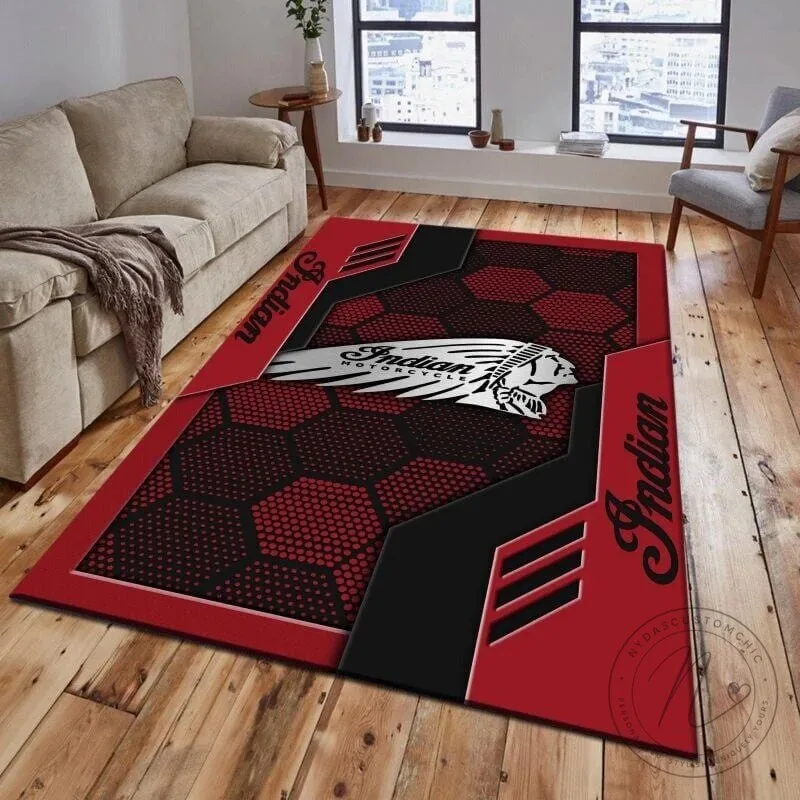 Indian Motorcycle Logo Red and Black Hexagon Pattern Area Rug