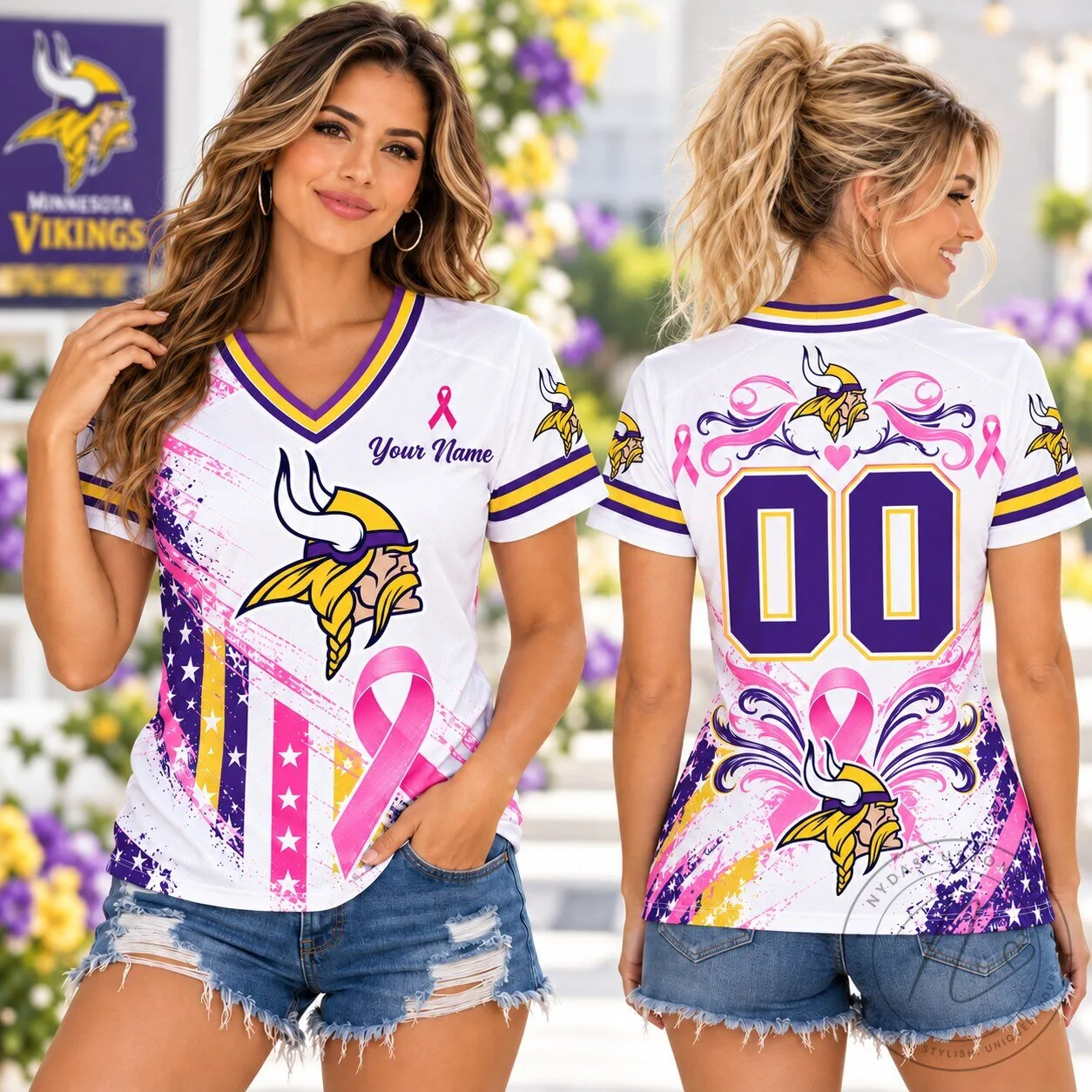 Minnesota Vikings NFL Breast Cancer Awareness Pink Ribbon V-Neck T-Shirt