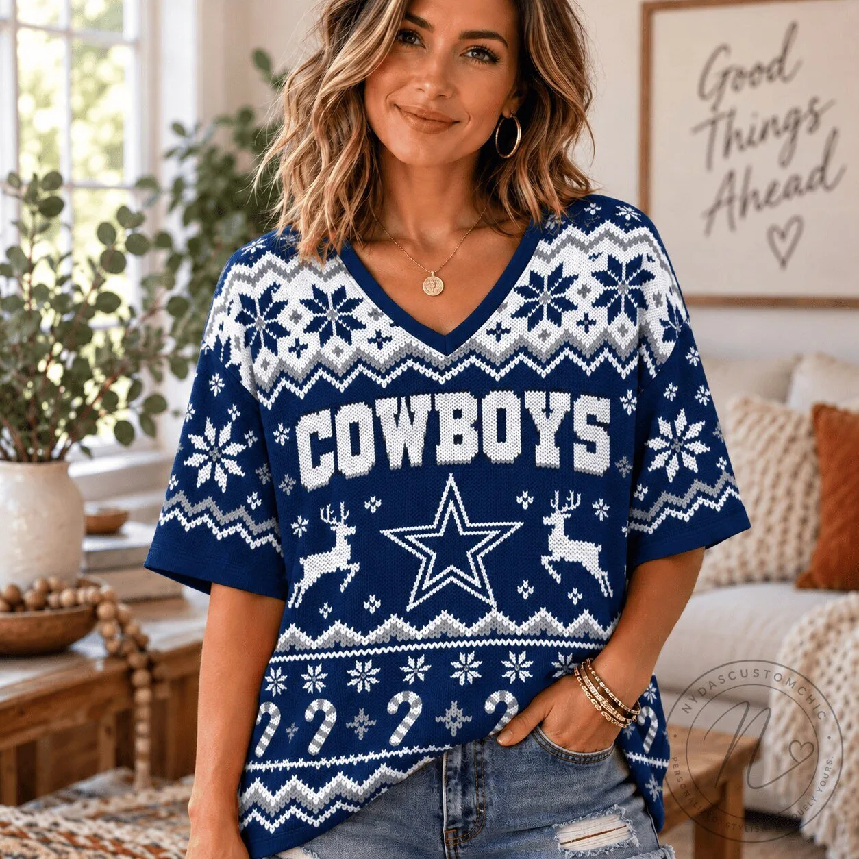 Dallas Cowboys Christmas Snowflake Reindeer Pattern V-Neck Short Sleeve T-Shirt 5 Dallas Cowboys Christmas Snowflake Reindeer Pattern V-Neck Short Sleeve T-Shirt