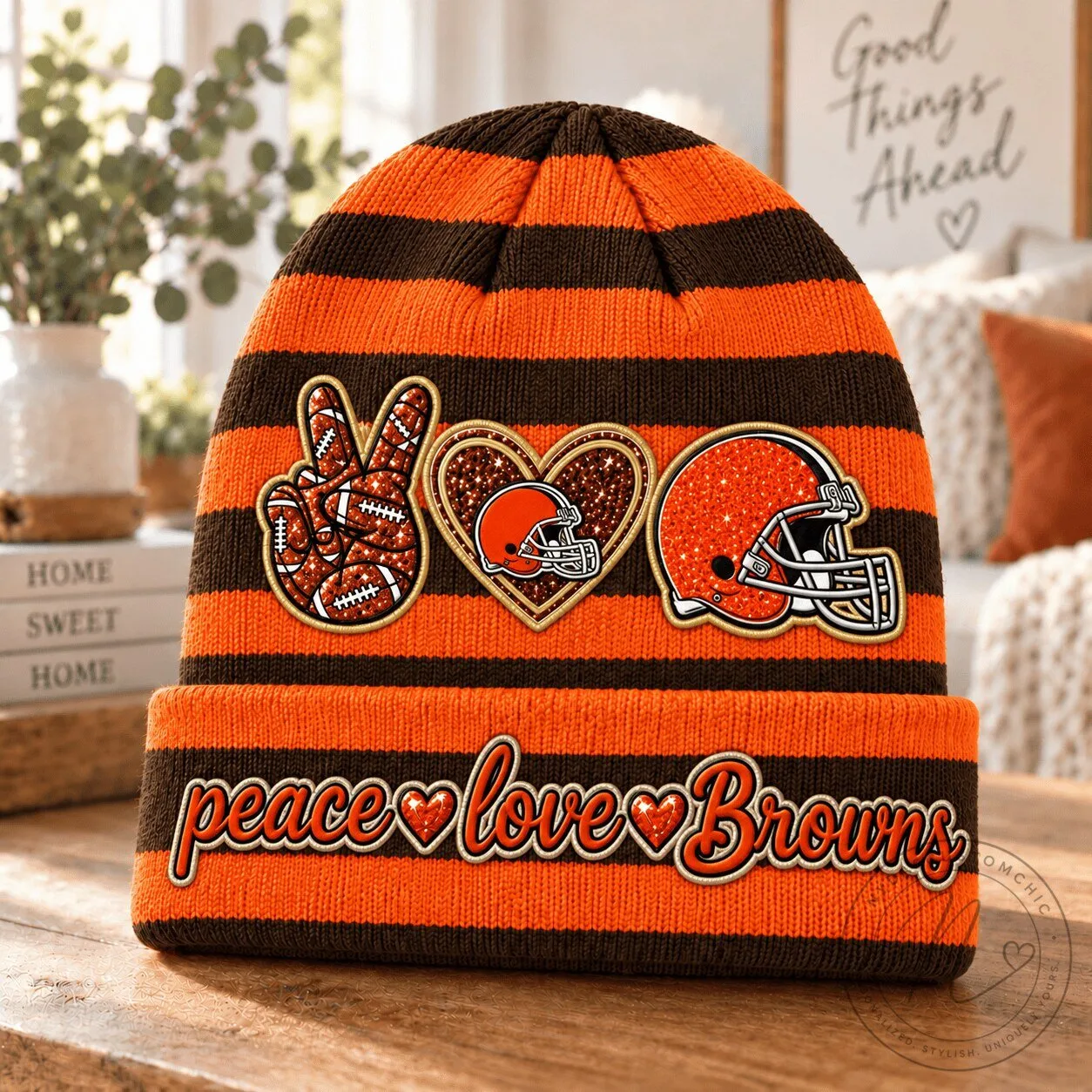 Cleveland Browns Peace Love Browns Striped Knit Beanie Hat 1 Cleveland Browns Peace Love Browns Striped Knit Beanie Hat
