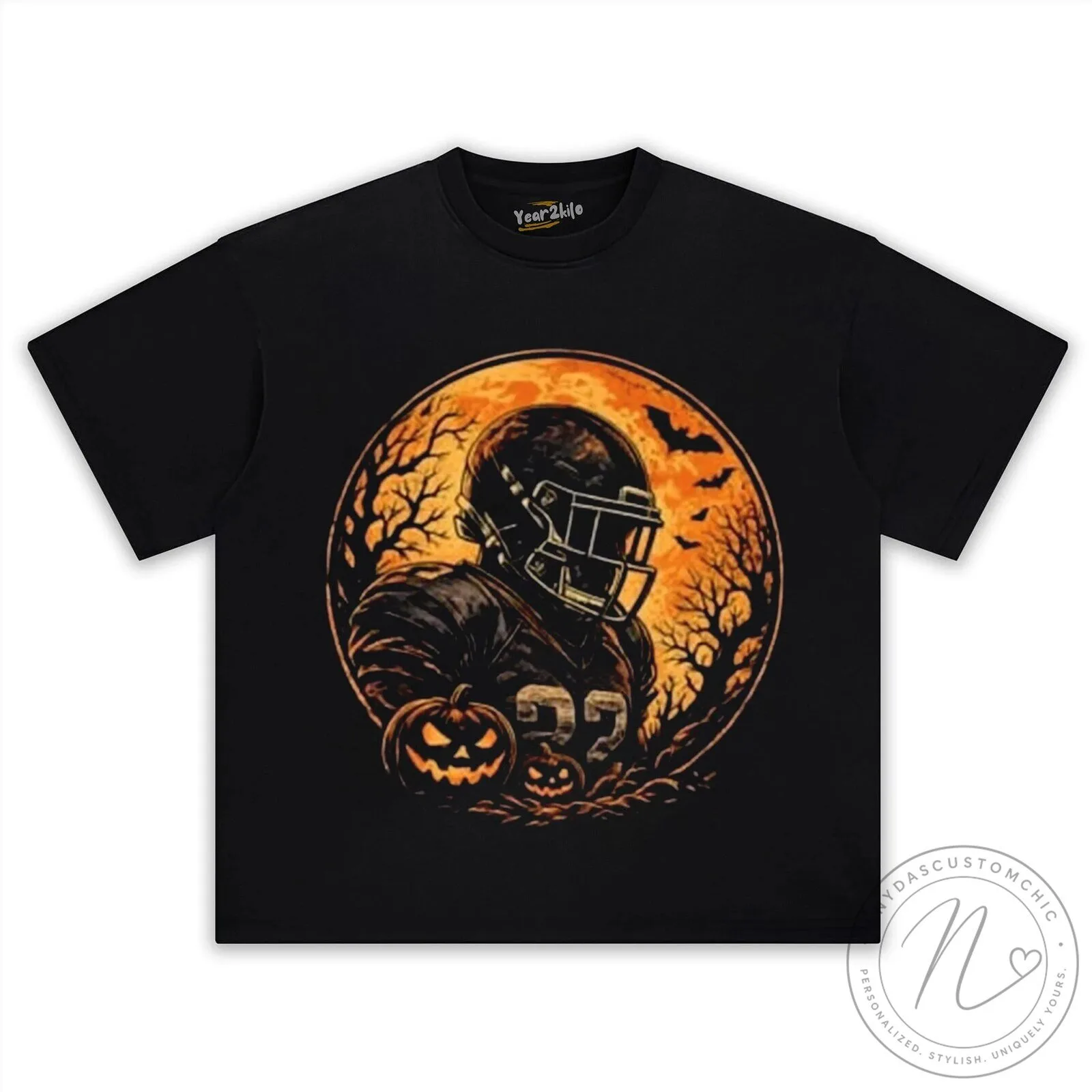 Spooky Football Player Pumpkin Halloween Full Moon Black T-Shirt