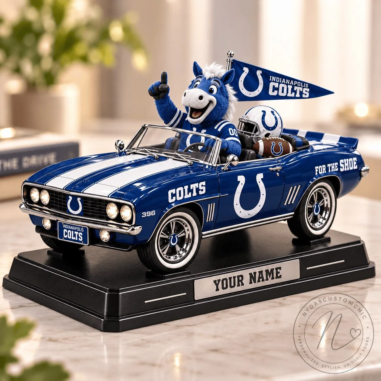 Indianapolis Colts NFL Blue Car Mascot Custom Name Acrylic Block Plaque Figurine