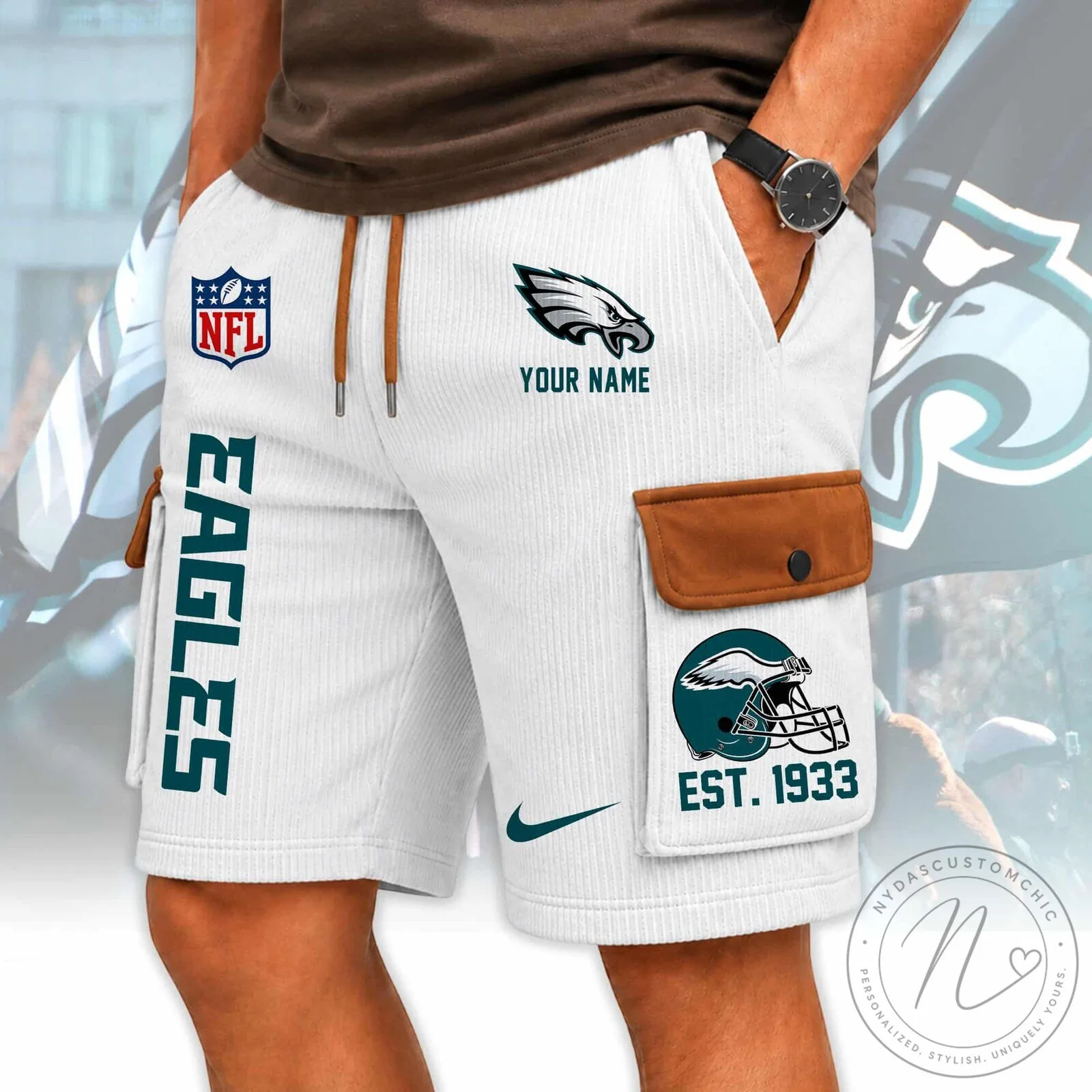 Philadelphia Eagles NFL Football Team Custom Name White Cargo Shorts