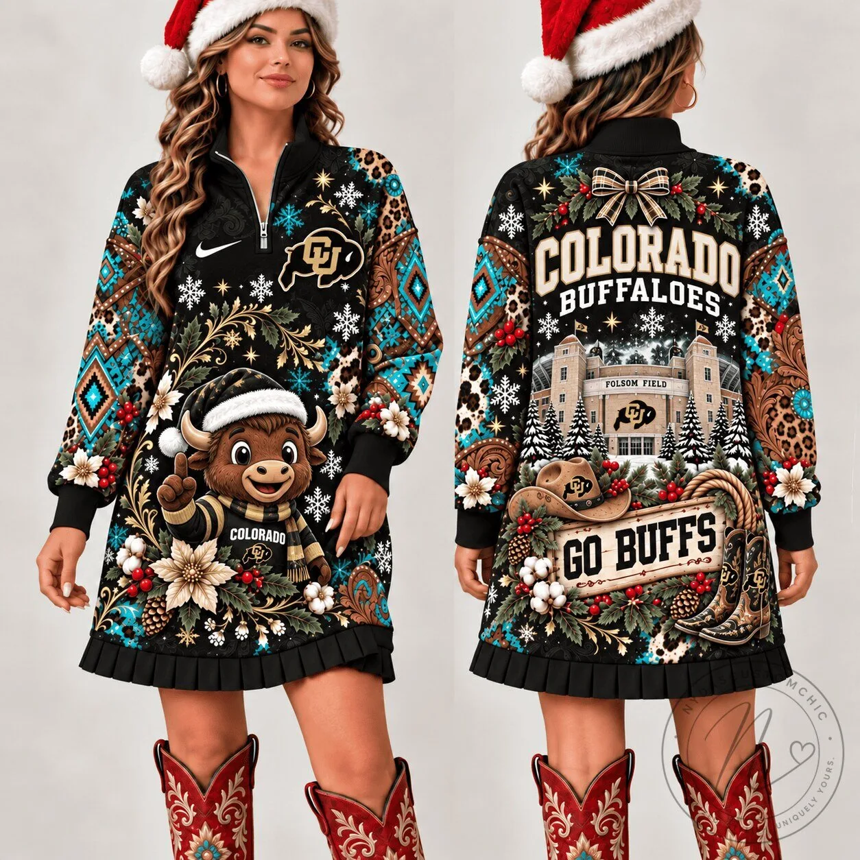 Colorado Buffaloes Christmas Western Boho Sweatshirt Dress